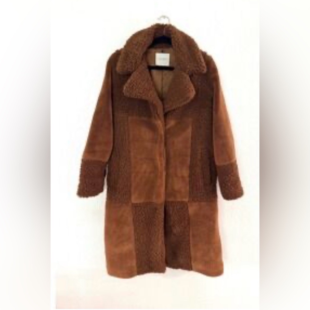 Lucky Brand patchwork teddy fleece long coat,
brown/pecan color. size XS